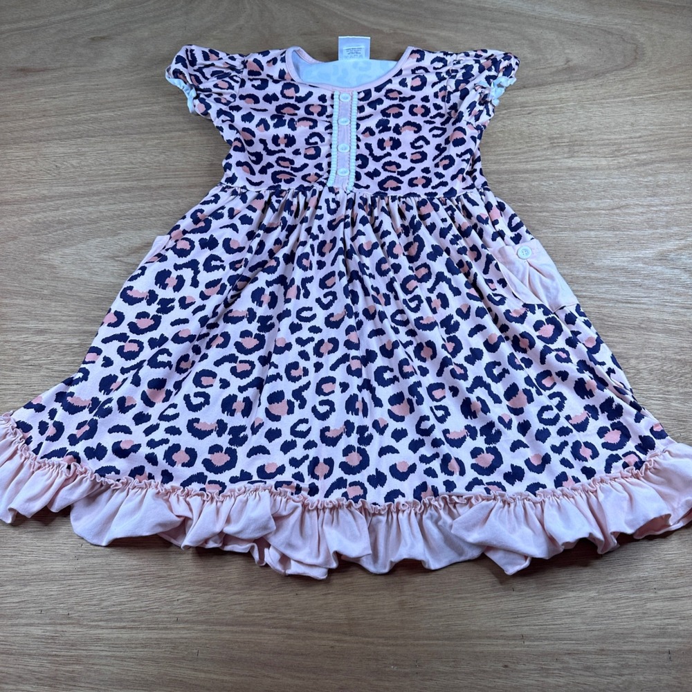 Ruffle Girl Toddler Girls 4T Peach Leopard Print Dress Ruffle Hem Pockets